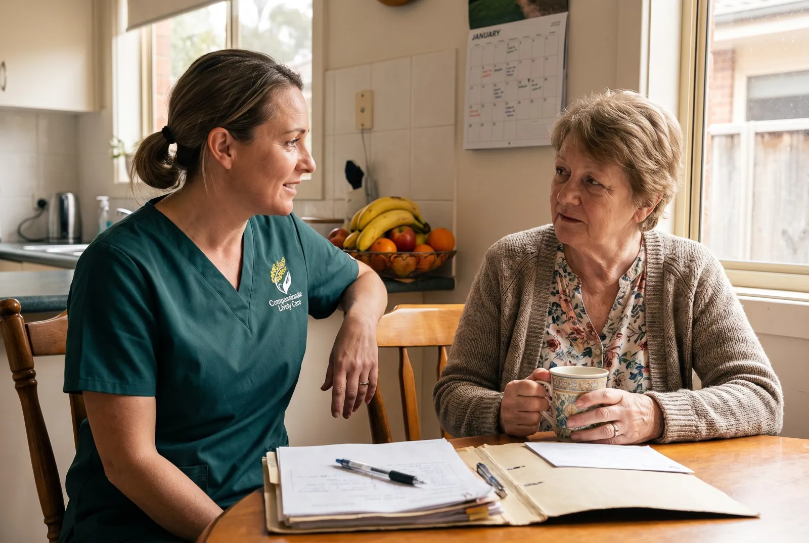 A family carer resting with a cup of tea while a support worker sits with her mother