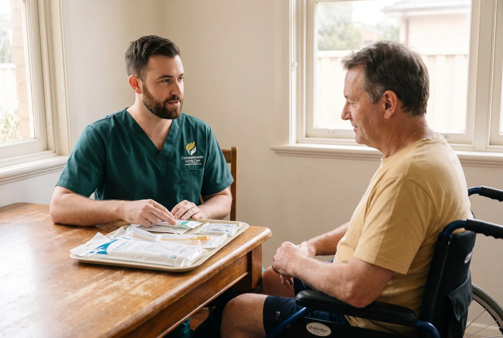 A nurse preparing continence care supplies beside a client's bed