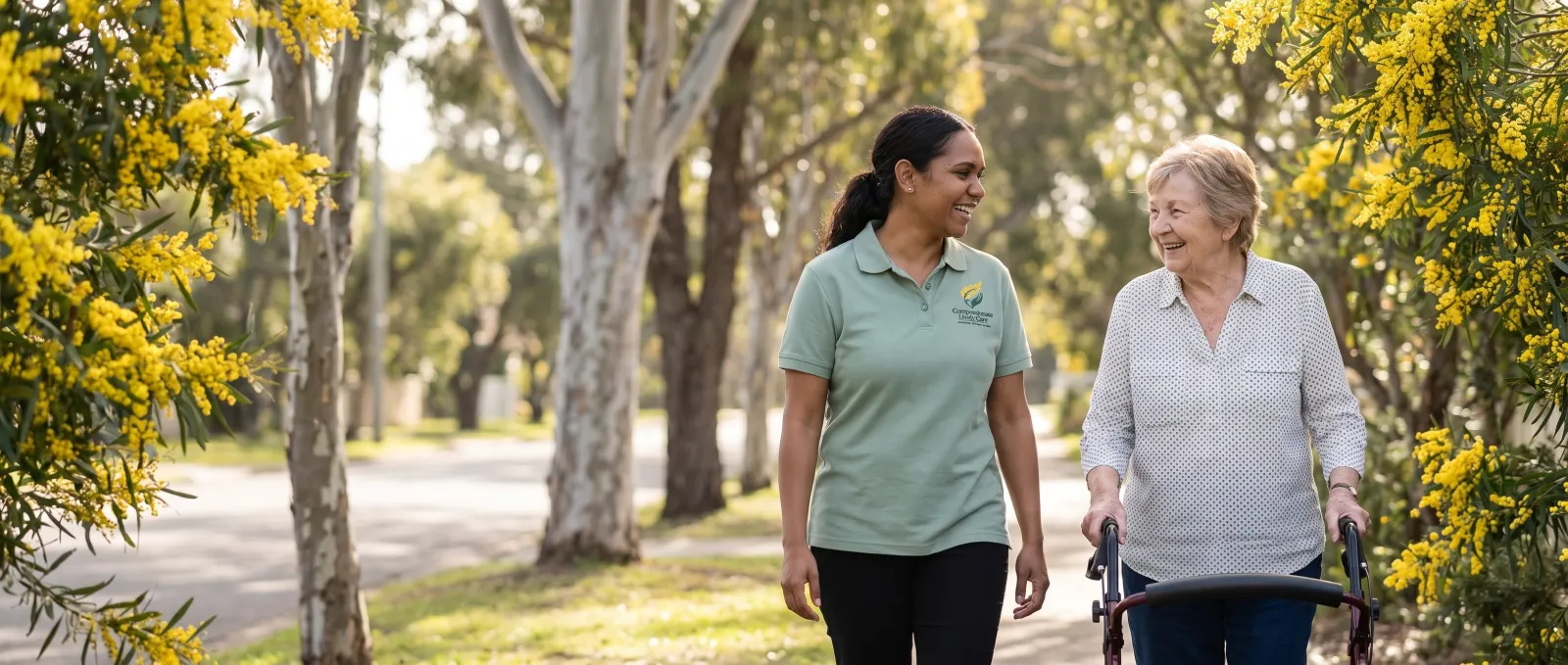 A support worker walking with an older woman and her walking frame along a wattle-lined street