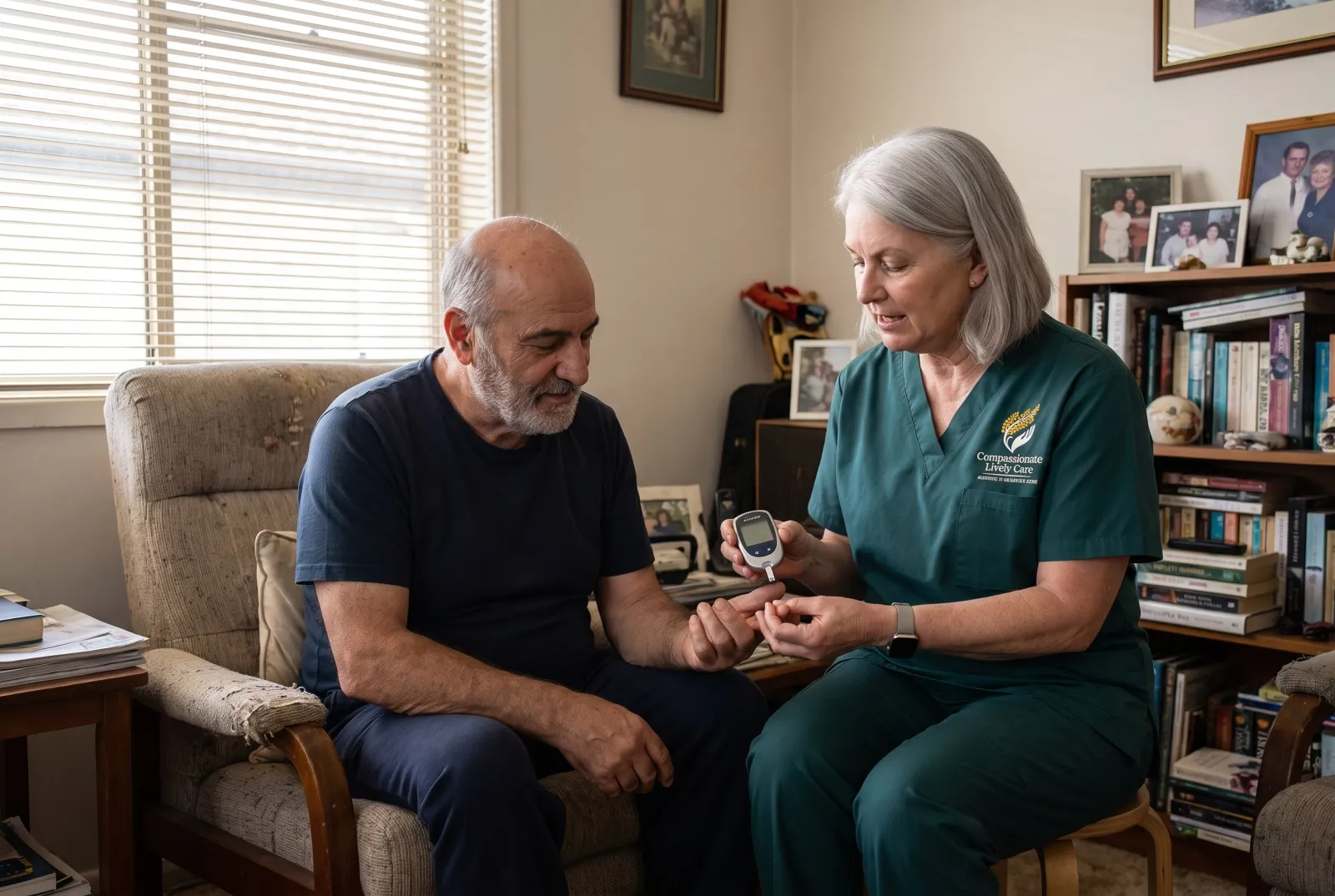 A nurse checking a client's blood glucose reading at a dining table