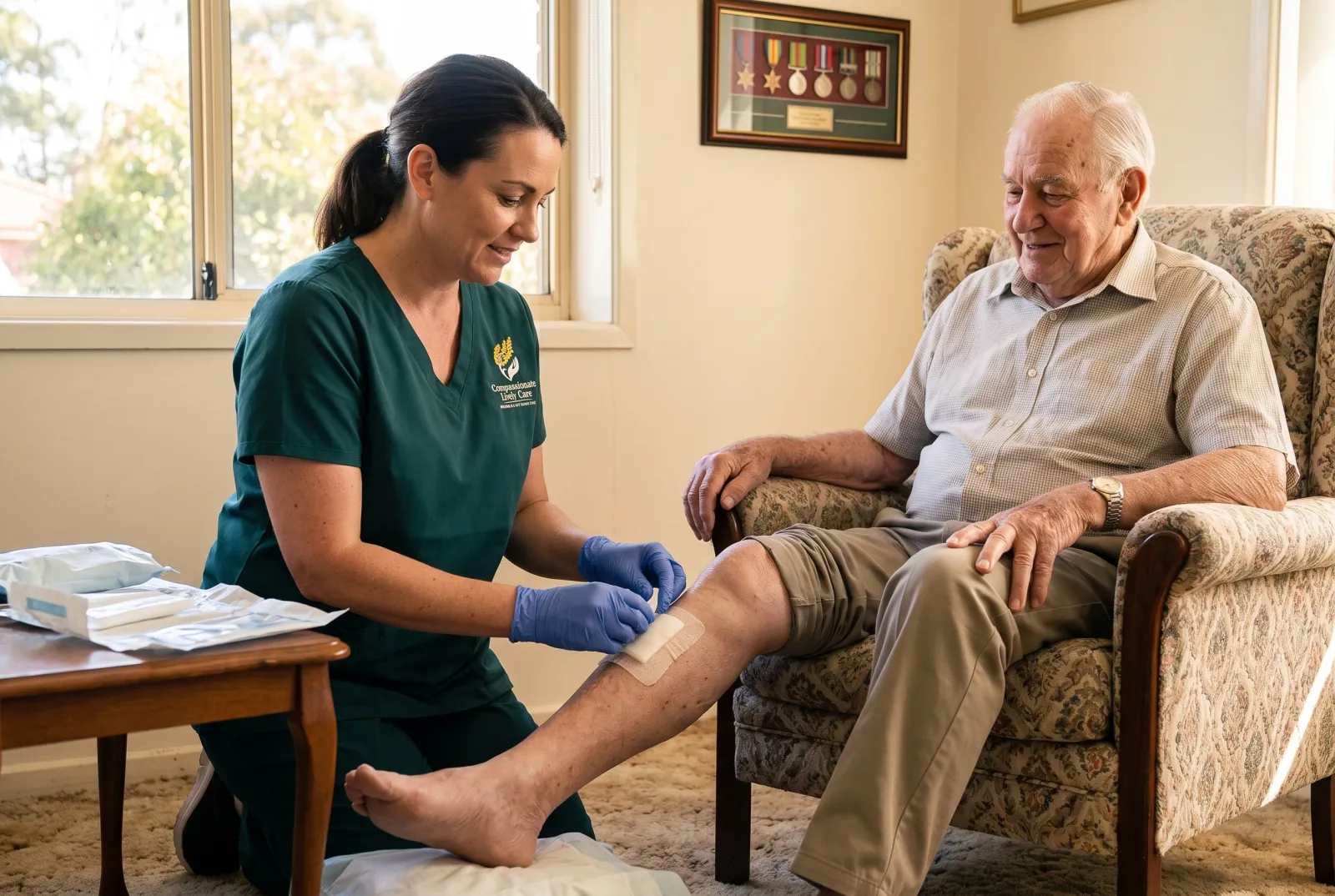 A community nurse changing a wound dressing for an older veteran in his living room
