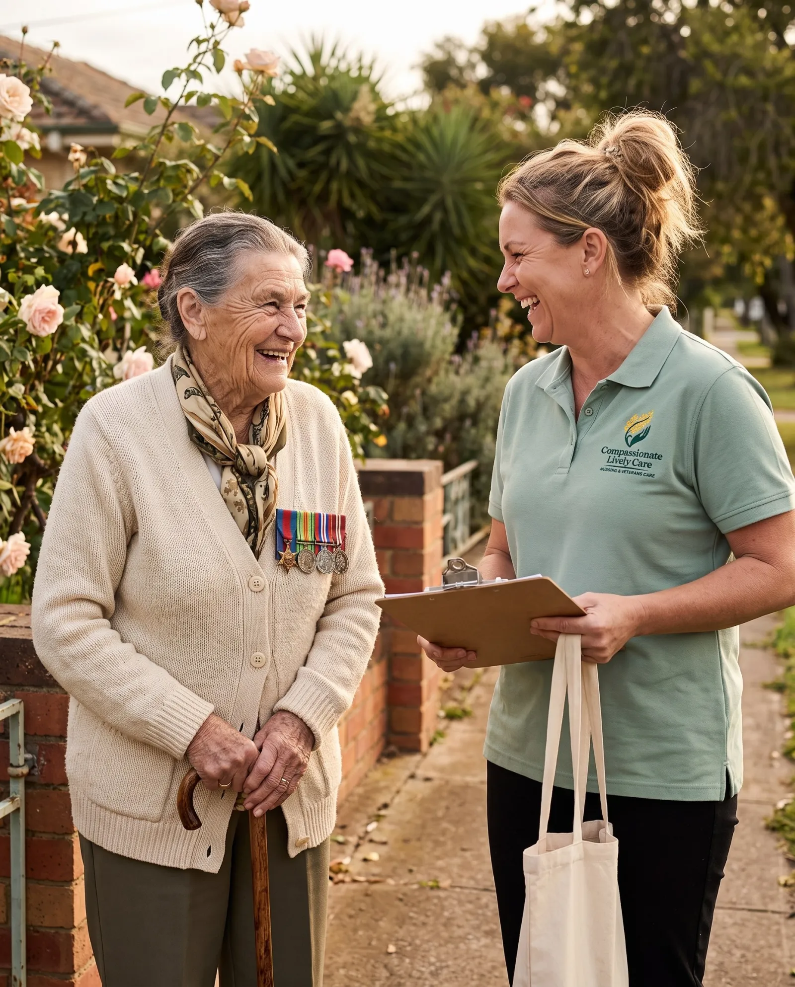 A woman who served tending her garden with a support worker beside her