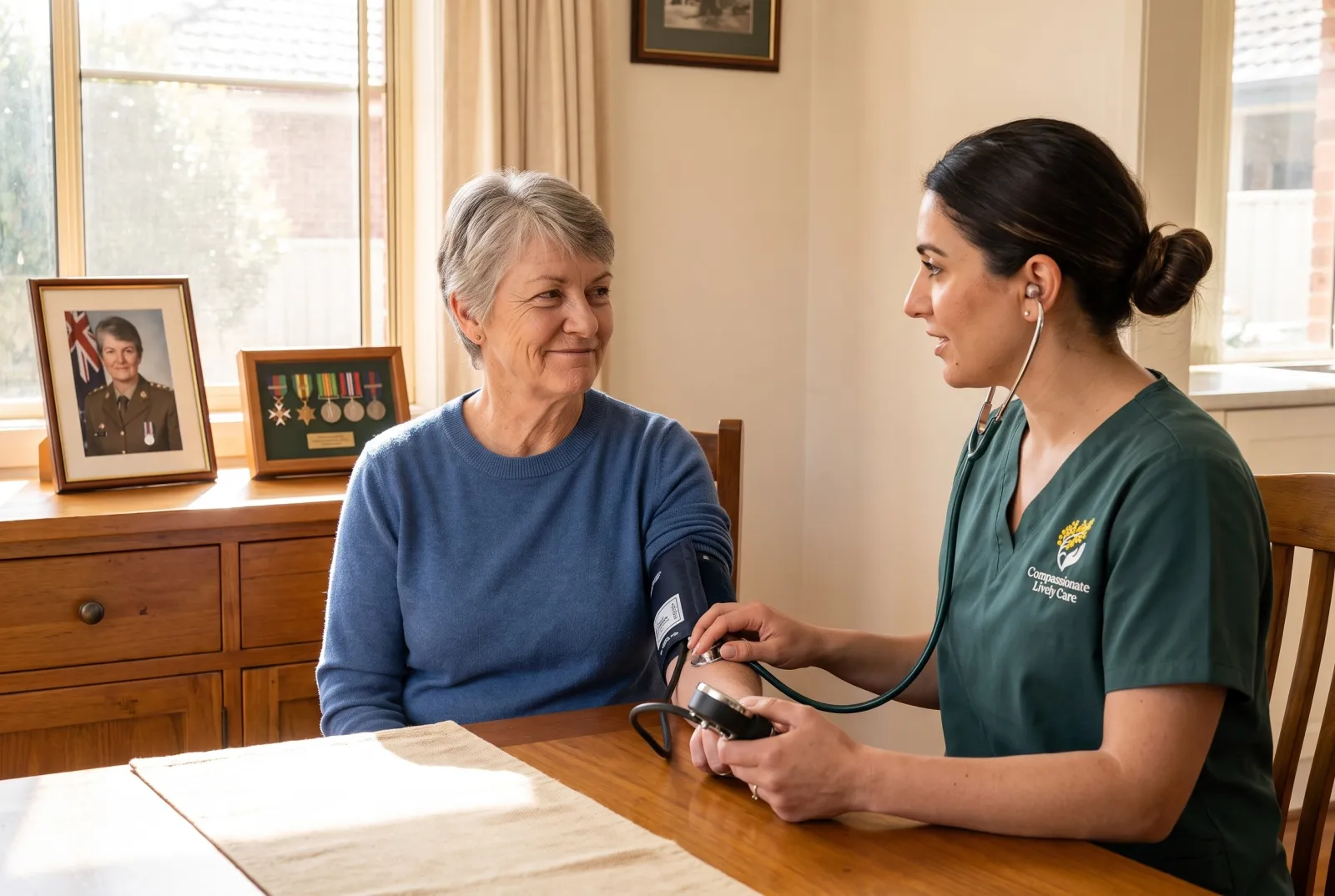 A nurse taking observations for a woman who served, her medals displayed on the wall behind her