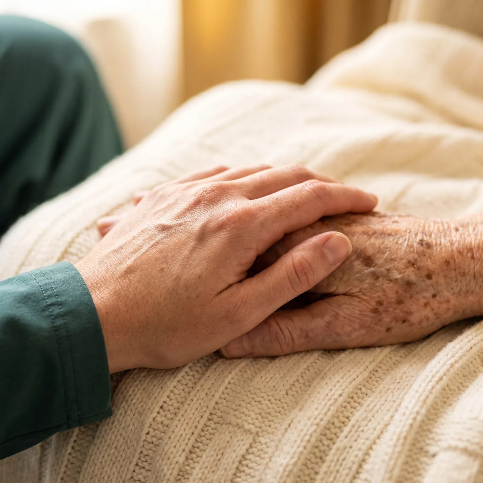 A carer's hands cupped gently around an older person's hands