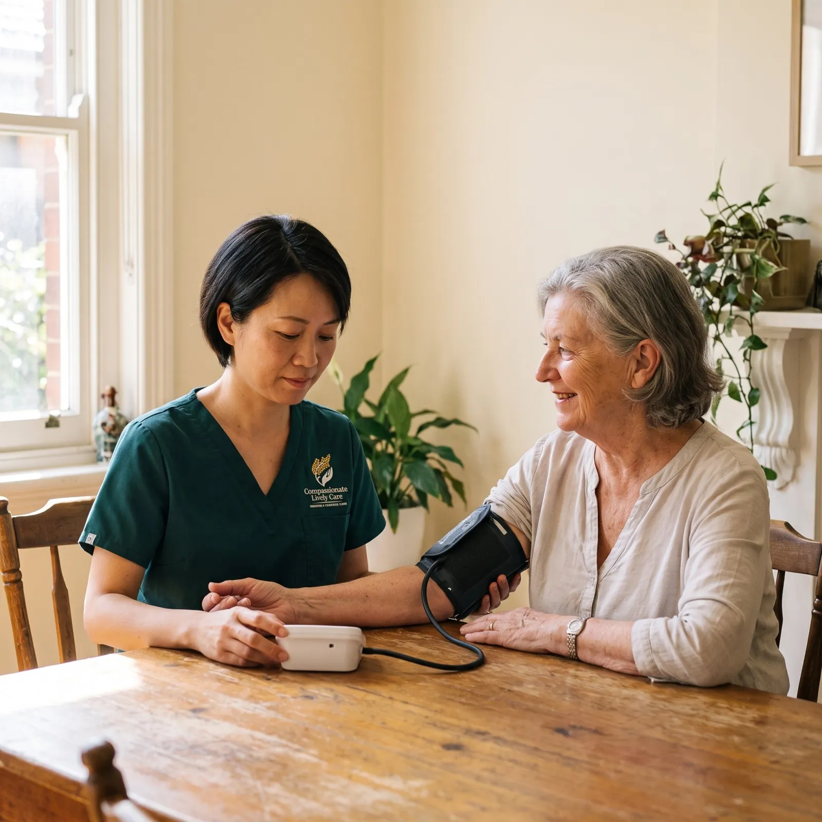 A nurse taking an older woman's blood pressure in her armchair