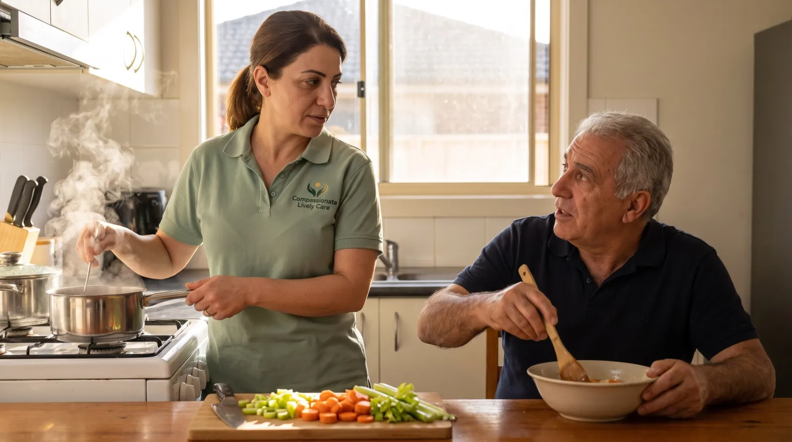 A support worker preparing a fresh meal in a client's kitchen