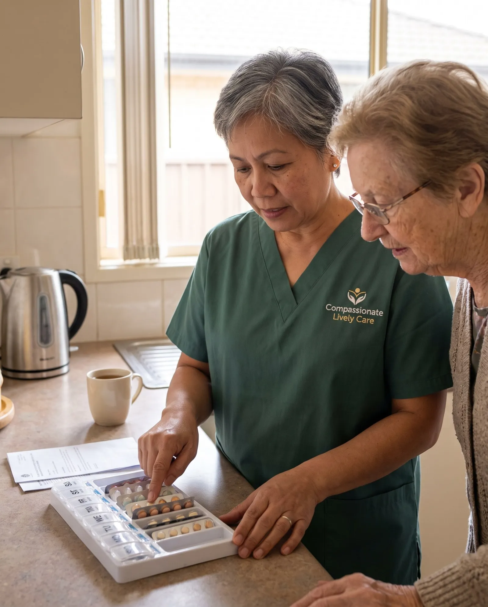 A nurse sorting medication into a weekly pill organiser at a kitchen bench