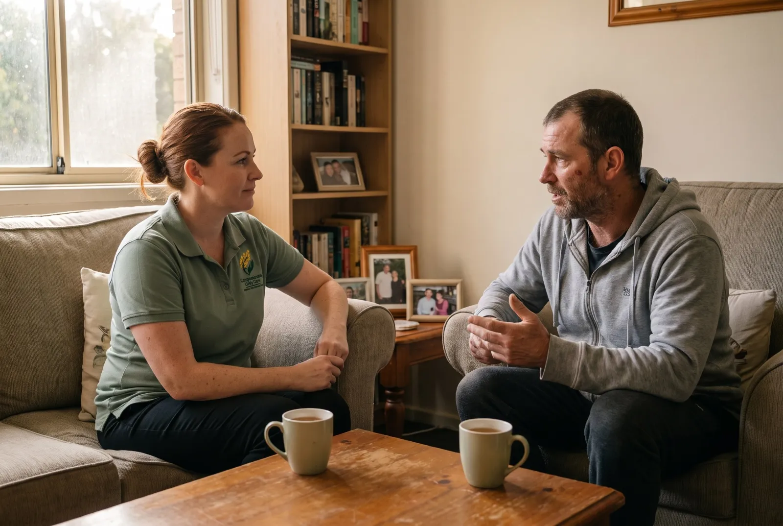 A support worker sitting and talking with a client over a cup of tea in his lounge room