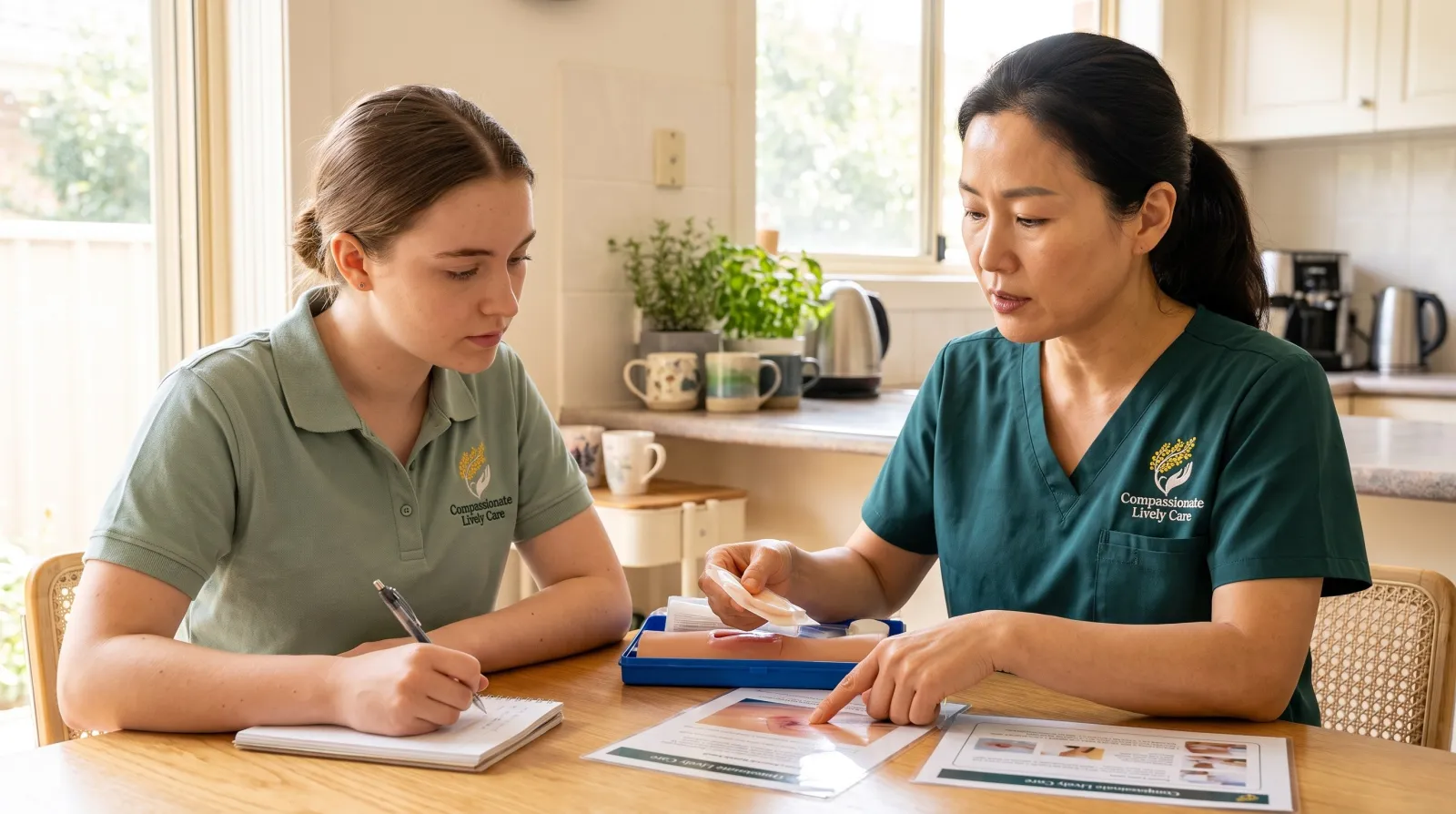 A registered nurse training two support workers in a clinical care task