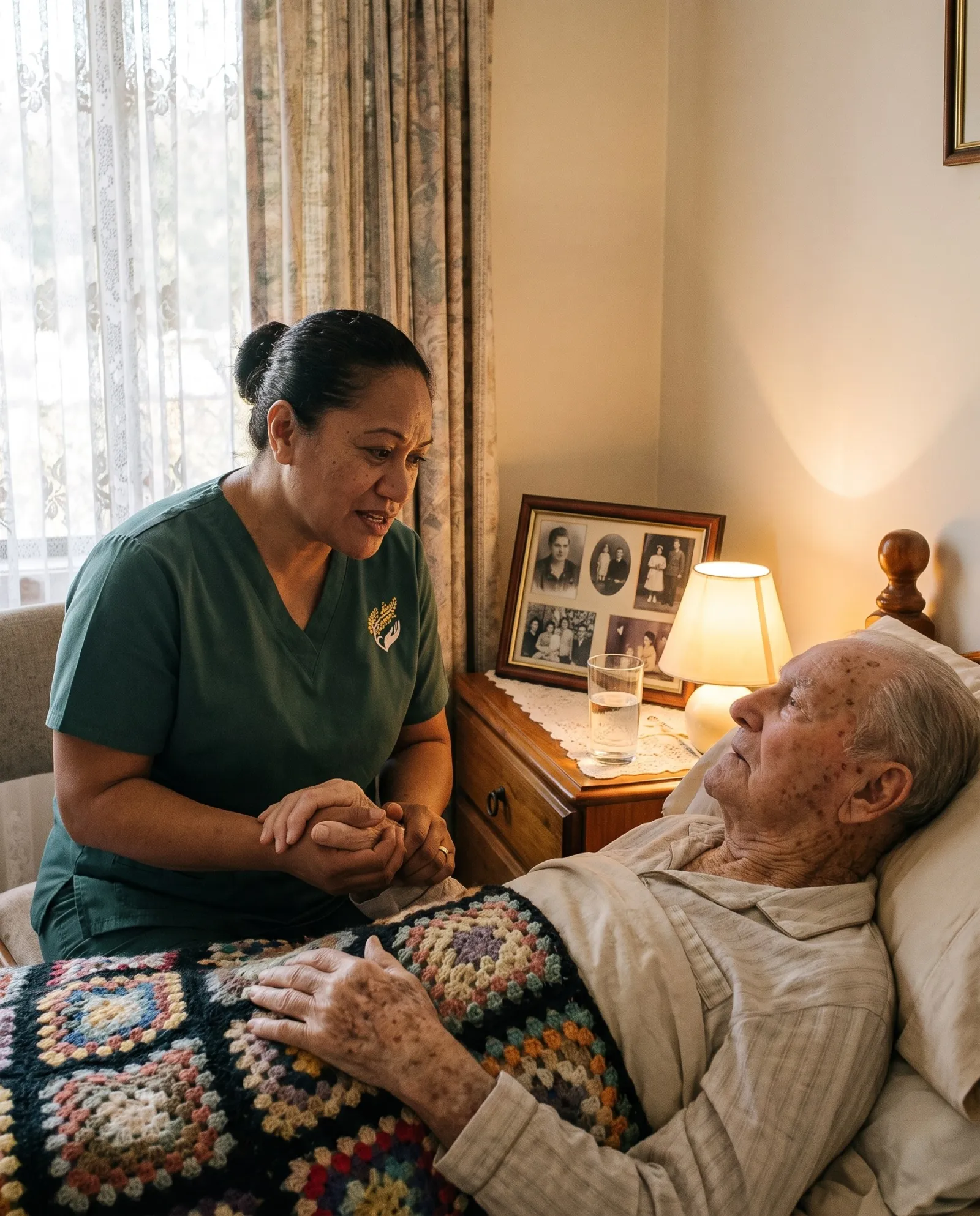 A nurse sitting quietly with a palliative client and holding her hand