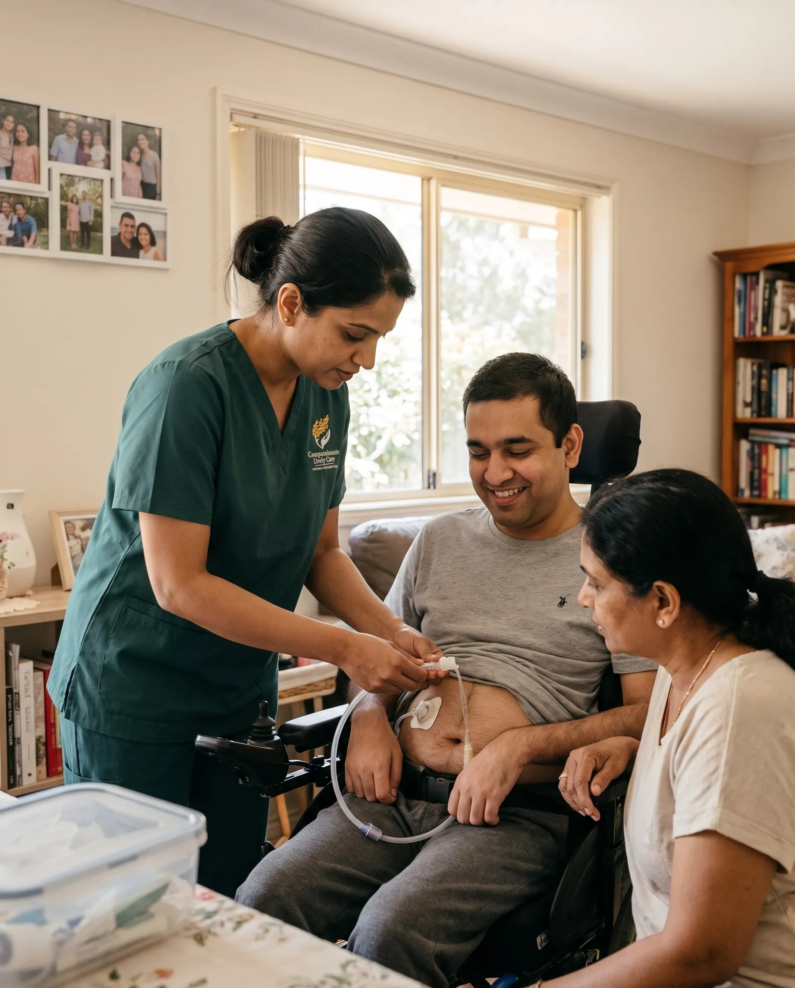 A nurse showing a family member how to manage PEG feeding equipment at home