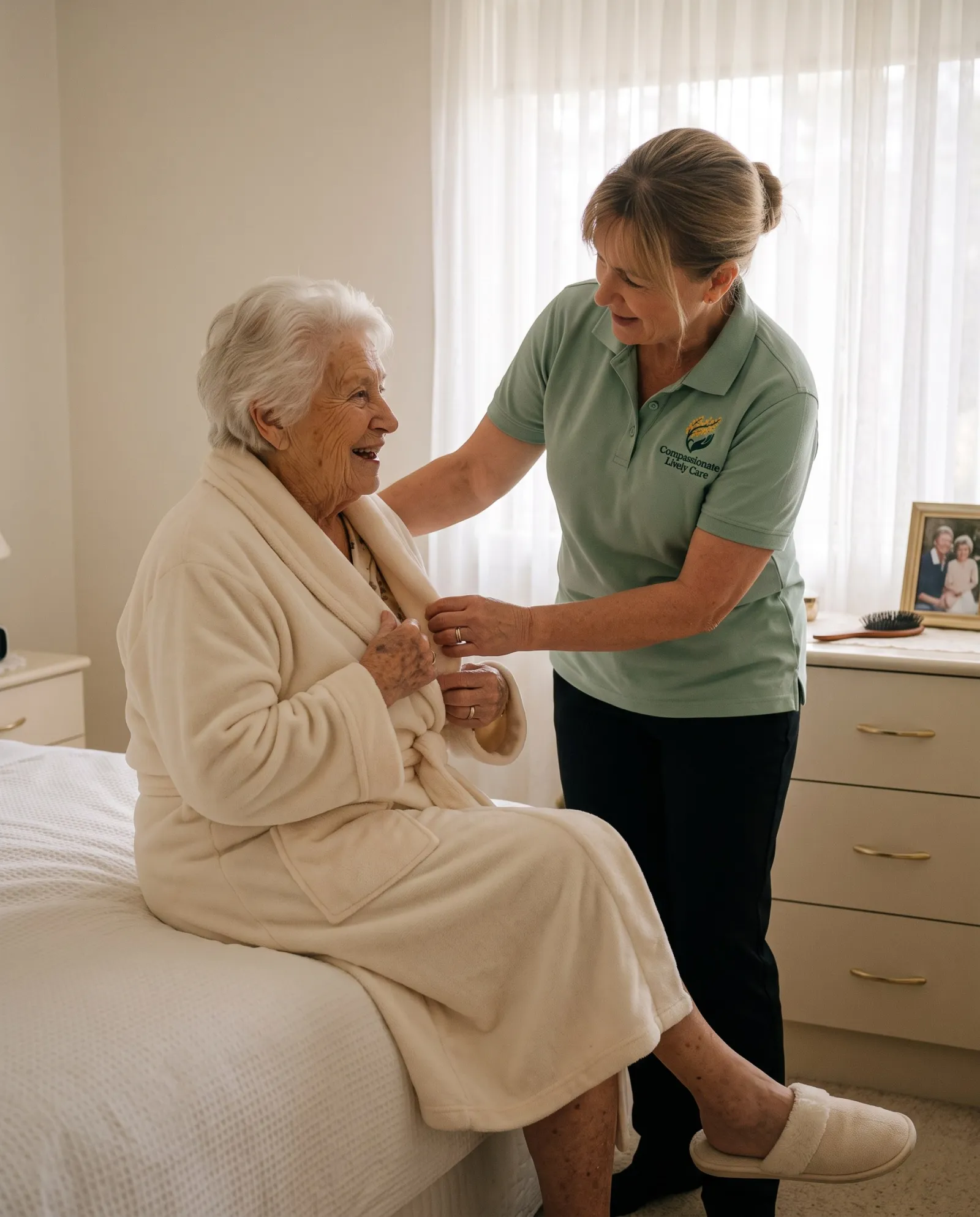 A support worker helping an older woman with her morning wash, screened for privacy