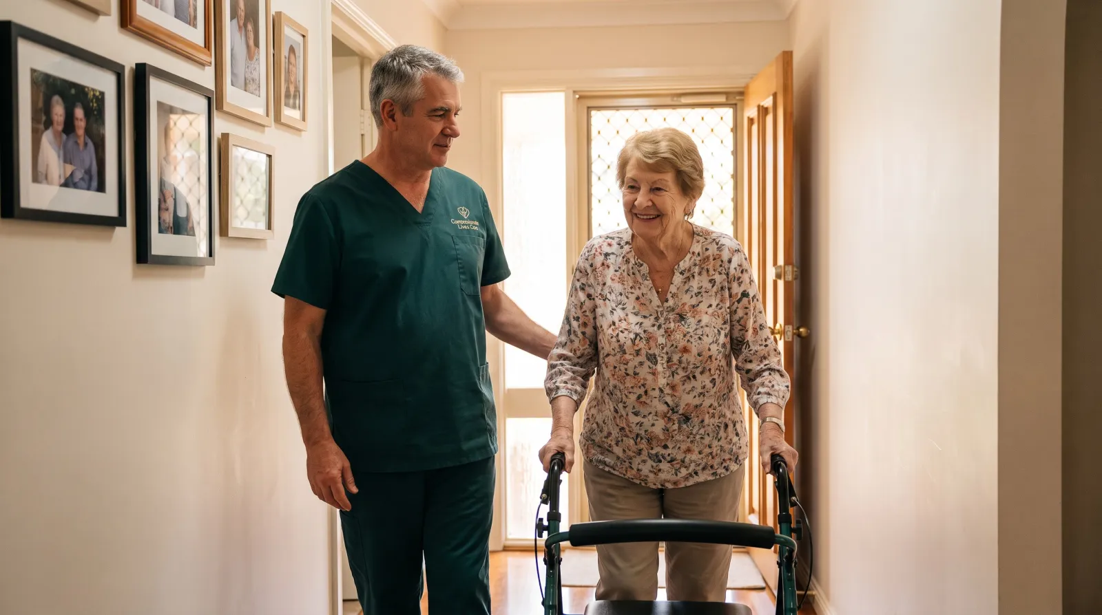A nurse helping a man settle back at home after a hospital stay