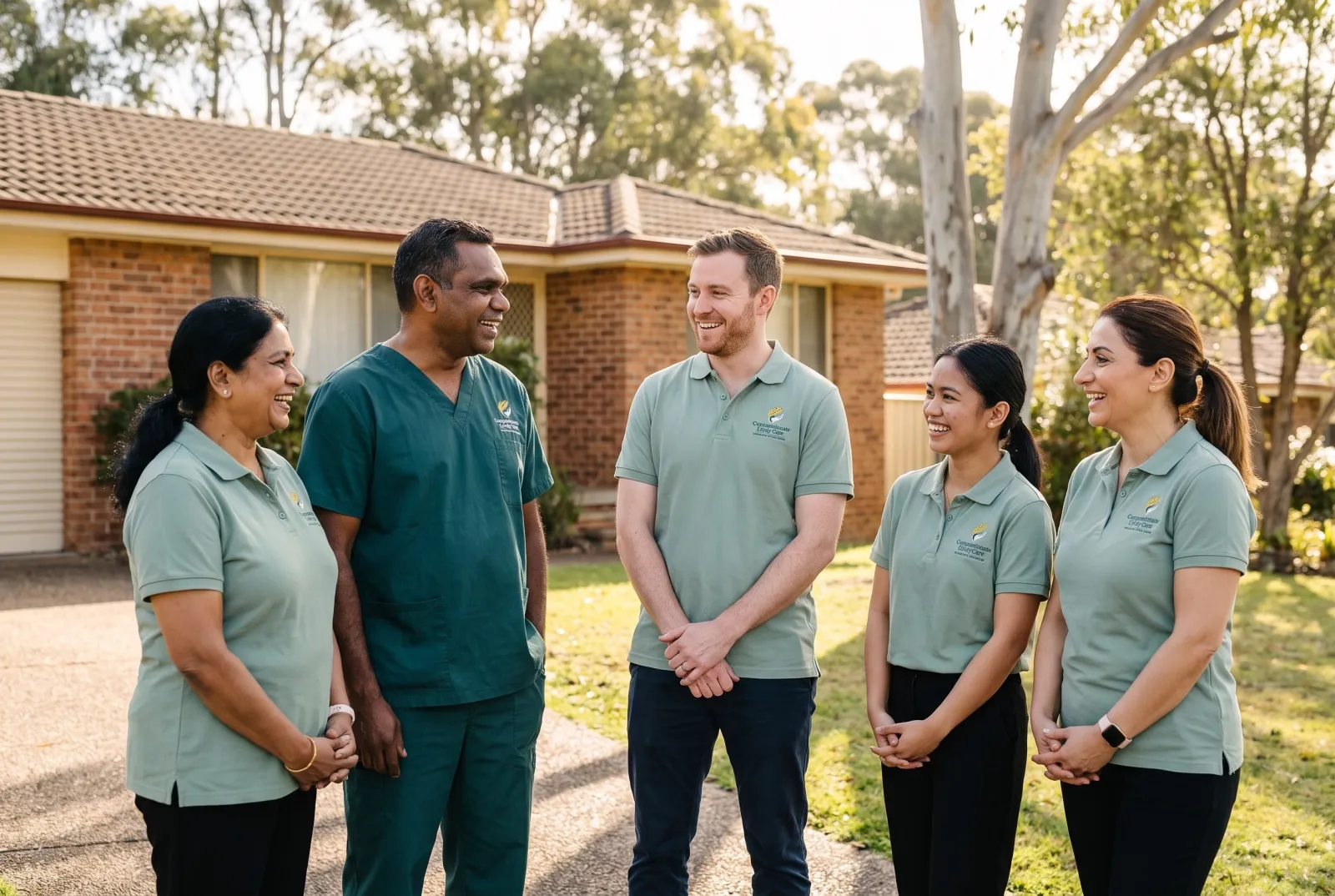 A group of nurses and support workers together outside a suburban home